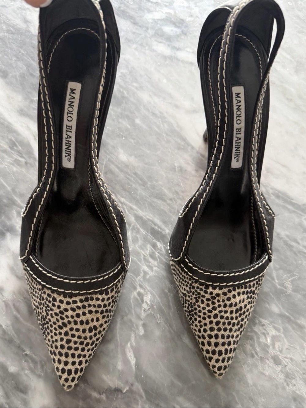 Manolo Blahnik Black and White Spotted Pointed Slingback Pumps